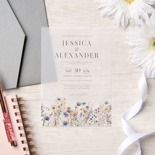 Dusty Blue Wildbloemen Elegant Wedding Vellum Uitnodigingen (Huwelijk)