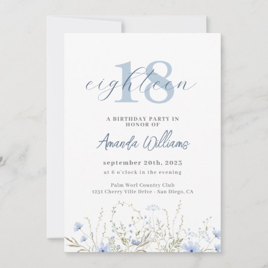 Dusty Blue Wildflower 18e verjaardag uitnodiging (Voorkant)