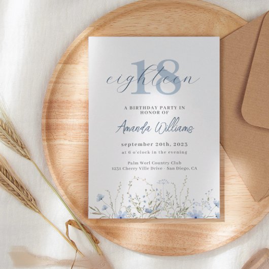 Dusty Blue Wildflower 18e verjaardag uitnodiging