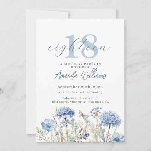 Dusty Blue Wildflower 18e verjaardag uitnodiging (Voorkant)