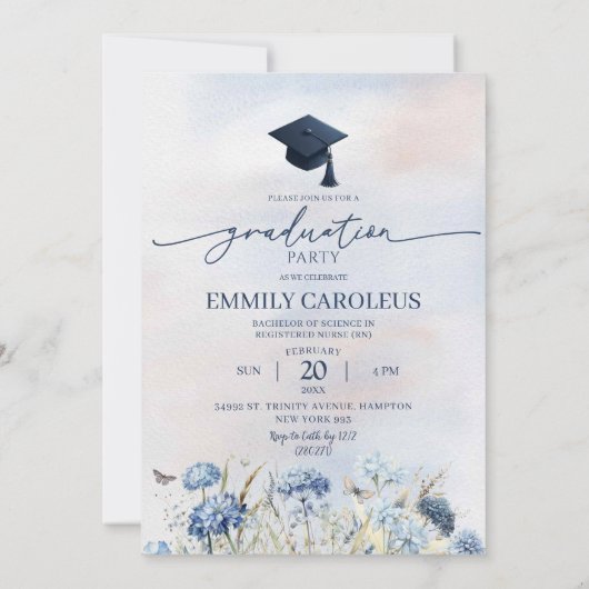 Dusty Blue Wildflower Afstuderen met foto Kaart (Achterkant)