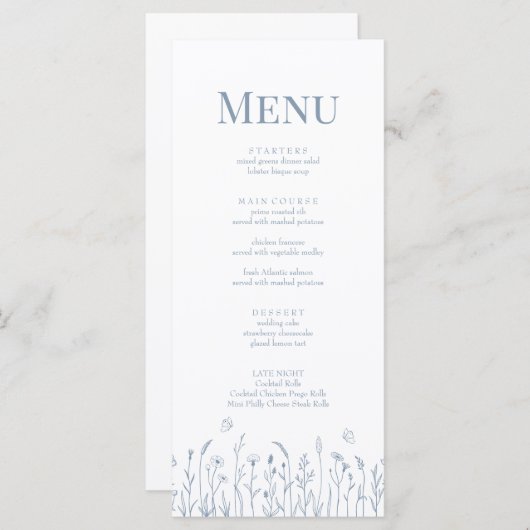 Dusty Blue Wildflower and Butterflies Menu Kaart (Voorkant / Achterkant)