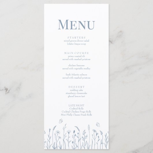 Dusty Blue Wildflower and Butterflies Menu Kaart (Voorkant)