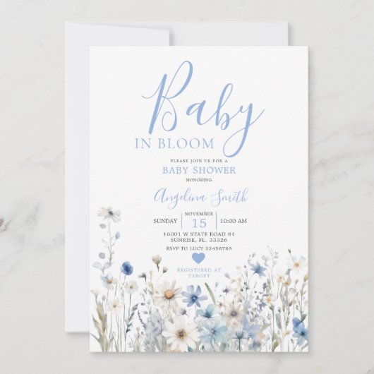 Dusty Blue Wildflower Baby in Bloom Baby shower Kaart (Voorkant)