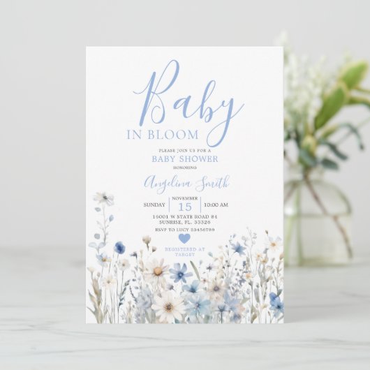 Dusty Blue Wildflower Baby in Bloom Baby shower Kaart (Staand voorkant)