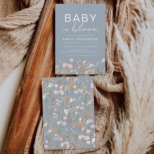 Dusty Blue Wildflower Baby in Bloom Baby shower Kaart