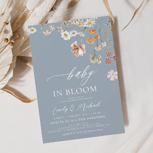 Dusty Blue Wildflower Baby in Bloom Baby shower Kaart