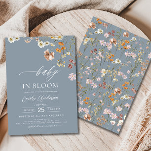 Dusty Blue Wildflower Baby in Bloom Baby shower Kaart