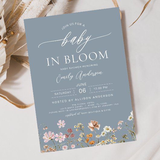 Dusty Blue Wildflower Baby in Bloom Baby shower Kaart