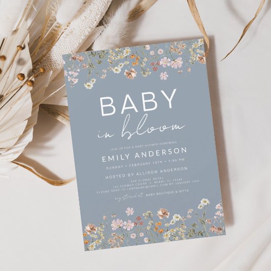 Dusty Blue Wildflower Baby in Bloom Invitation