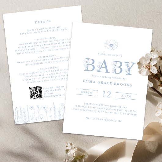 Dusty Blue Wildflower Baby Shower All-in-One Kaart