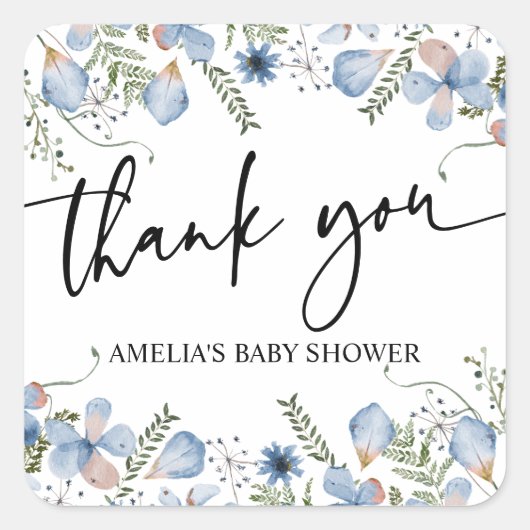 Dusty Blue Wildflower Baby shower Hartelijk dank Vierkante Sticker (Voorkant)