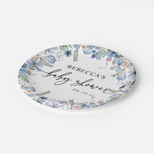 Dusty Blue Wildflower Baby shower Paper Borden Papieren Bordje (Gekanteld)