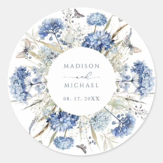 Dusty Blue Wildflower Bloemen Boho Huwelijk Ronde Sticker (Voorkant)