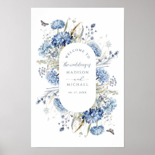 Dusty Blue Wildflower Bloemen Boho Huwelijk Welkom Poster (Voorkant)