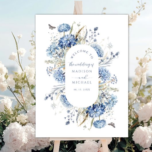 Dusty Blue Wildflower Bloemen Boho Huwelijk Welkom Poster