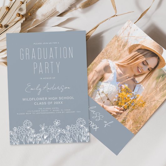 Dusty Blue Wildflower Bloom Graduation Party Boho Kaart