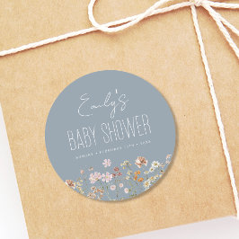Dusty Blue Wildflower Boho Baby shower in Bloom Ronde Sticker