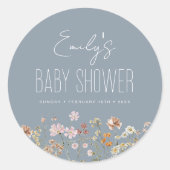 Dusty Blue Wildflower Boho Baby shower in Bloom Ronde Sticker (Voorkant)