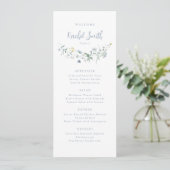 Dusty Blue Wildflower Boho Bruiloft Gast Naam Menu (Staand voorkant)
