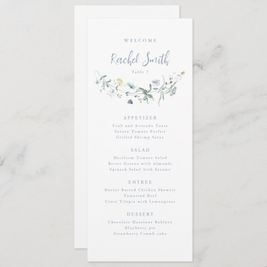 Dusty Blue Wildflower Boho Bruiloft Gast Naam Menu (Voorkant / Achterkant)