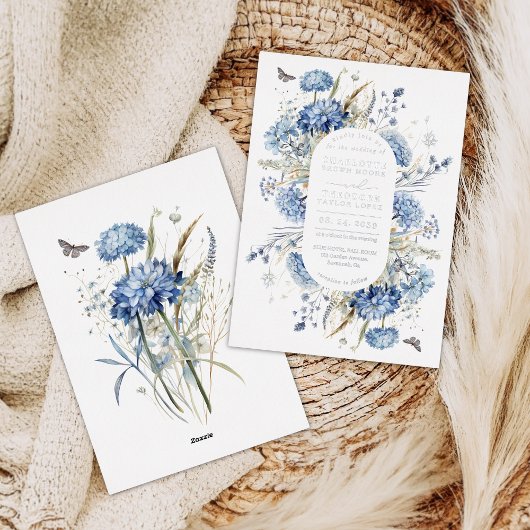 Dusty Blue Wildflower Boho Chic Garden Wedding Folie Uitnodiging
