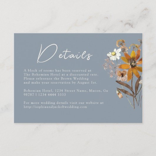 Dusty Blue Wildflower Boho Wedding Details Informatiekaartje (Voorkant)