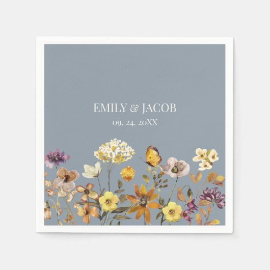 Dusty Blue Wildflower Boho Wedding Napkins Servet (Voorkant)