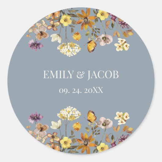 Dusty Blue Wildflower Boho Wedding Ronde Sticker (Voorkant)
