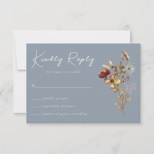 Dusty Blue Wildflower Boho Wedding RSVP Kaart (Voorkant)