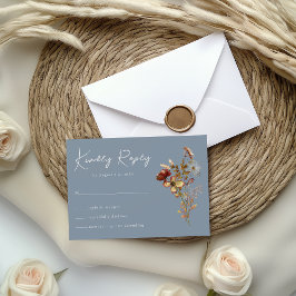 Dusty Blue Wildflower Boho Wedding RSVP Kaart
