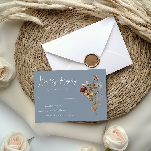 Dusty Blue Wildflower Boho Wedding RSVP Kaart