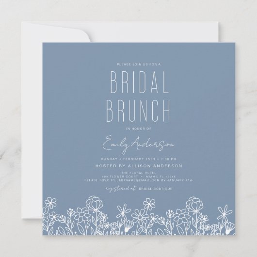 Dusty Blue Wildflower Bridal Brunch Vrijgezellenfe Kaart (Voorkant)