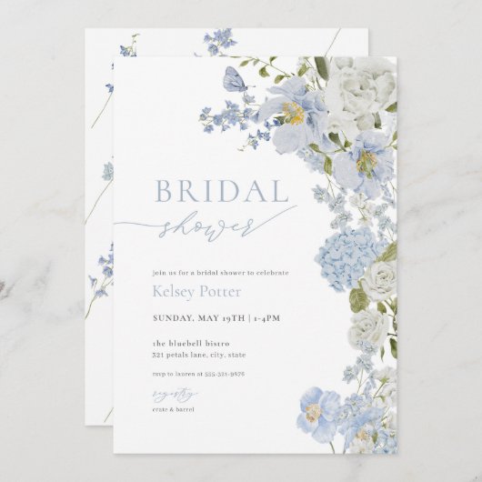 Dusty Blue Wildflower Bridal Shower Uitnodiging (Voorkant / Achterkant)