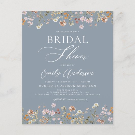Dusty Blue Wildflower Bridal Shower Uitnodiging Flyer (Voorkant)