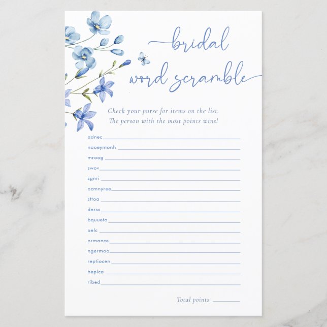 Dusty Blue Wildflower Bridal Word Scramble Game (Voorkant)