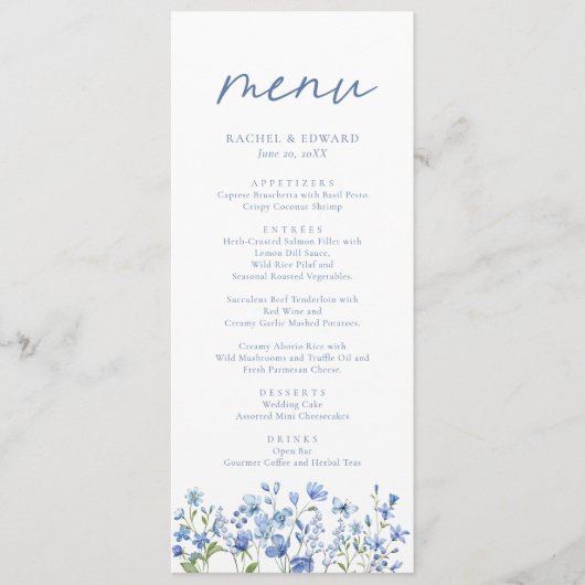 Dusty Blue Wildflower Bruiloft Menu (Voorkant)