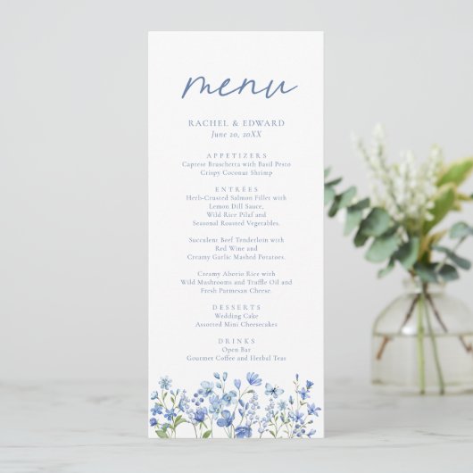 Dusty Blue Wildflower Bruiloft Menu (Staand voorkant)