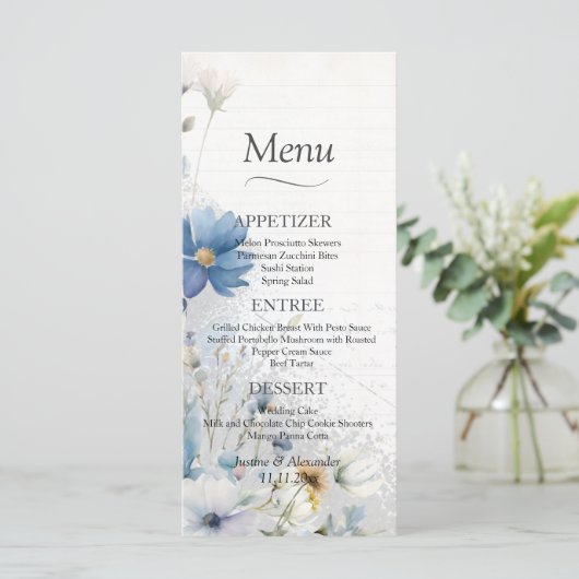 Dusty Blue Wildflower Bruiloft Menu (Staand voorkant)