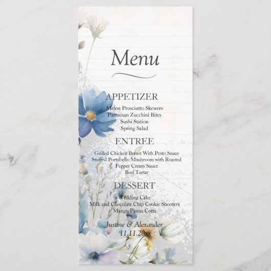 Dusty Blue Wildflower Bruiloft Menu (Voorkant)