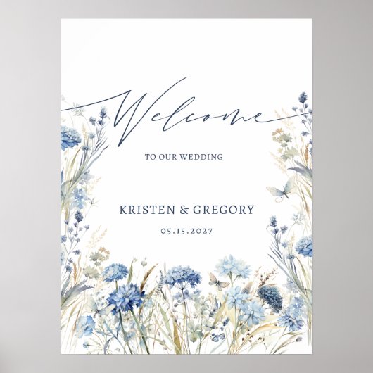 Dusty Blue Wildflower bruiloft Welkomstbord Poster (Voorkant)
