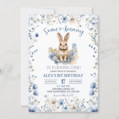 Dusty Blue Wildflower Bunny 1st Birthday Kaart (Voorkant)