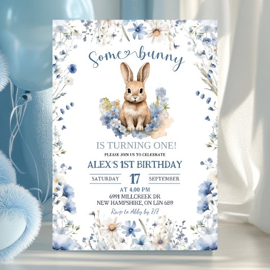Dusty Blue Wildflower Bunny 1st Birthday Kaart