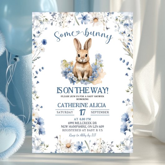 Dusty Blue Wildflower Bunny baby shower Kaart