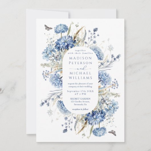 Dusty Blue Wildflower & Butterfly Wedding Kaart (Voorkant)