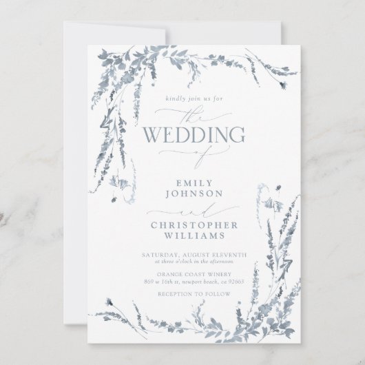 Dusty Blue Wildflower Calligraphy Wedding Kaart (Voorkant)