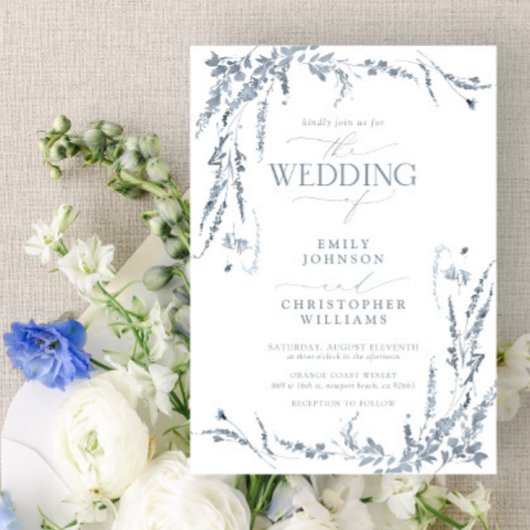 Dusty Blue Wildflower Calligraphy Wedding Kaart