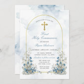 Dusty Blue Wildflower Eerste Heilige Communie Kaart (Voorkant / Achterkant)