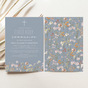 Dusty Blue Wildflower Eerste Heilige Communie Kaart