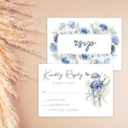 Dusty Blue Wildflower Elegant Boho Wedding RSVP Kaartje